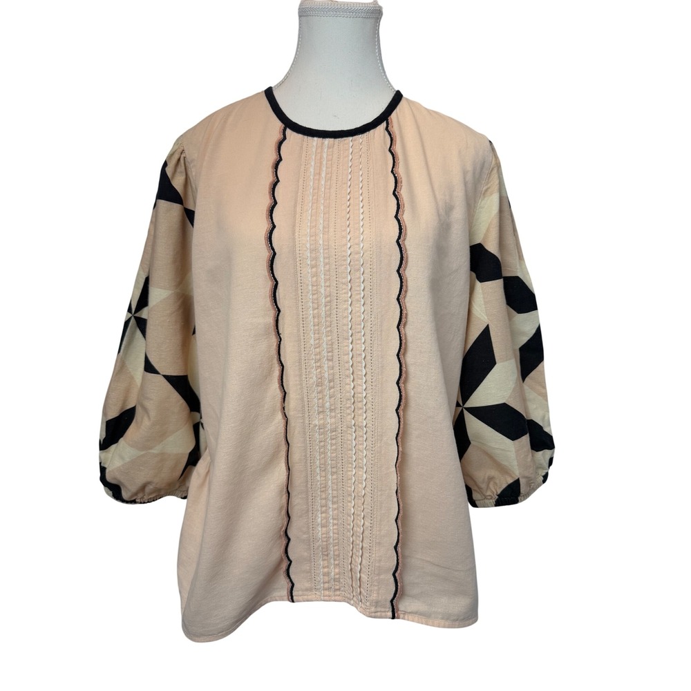 Let Me Be Anthropologie XL Pink Pintuck Linen Cotton Puff Sleeve Blouse Coquette